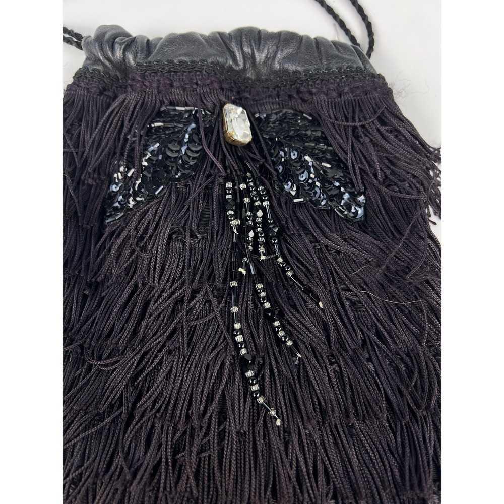Vintage Flapper Style Black Fringe Evening Bag Rhinestone Beaded Crossbody - Picture 4 of 8
